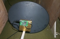 Sky minidish + Linksys WUSB11 + Trevor Marshall's biquad feed (pre weatherproofing, and straightening)